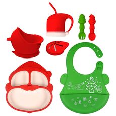 Set di stoviglie per bambini in silicone 7 in 1, regalo di Natale (verde)