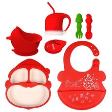 Set di stoviglie per bambini in silicone 7 in 1, regalo di Natale (rosso)