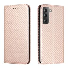 Per Samsung Galaxy S22 5G in fibra di carbonio texture flip holder custodia in pelle (oro rosa)