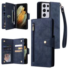 Per Samsung Galaxy S21 Ultra 5G Fibbia del rivetto 9 Case di telefoni in pelle a tre volte (blu)