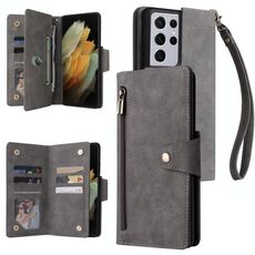Per Samsung Galaxy S21 Ultra 5G Fibbia Rivet Fibbia 9 Carte Tre Pieghe Custodia in pelle (grigia)