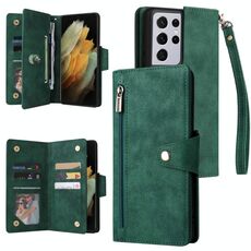 Per Samsung Galaxy S21 Ultra 5G Fibbia del rivetto 9 Case di telefoni in pelle a tre volte (verde)