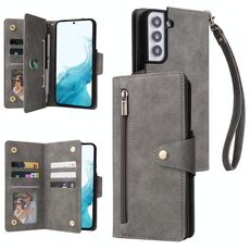 Per Samsung Galaxy S22 Rivet Buckle 9 Case di telefono in pelle a tre volte (grigio)