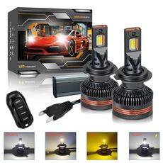Lampadina per fari a LED per auto H7, 2 pezzi, 60 W, 8000 lm, 6000 K, tre colori, con telecomando