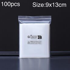 100 sacchetti con chiusura lampo stampati con etichetta ambientale a doppio strato, dimensioni: 9 x 13 cm, 8 fili