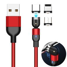 1m 2A Uscita 3 in 1 USB a 8 pin + USB-C / Type-C + Micro USB Cavo di ricarica magnetico con rotazione intrecciata in nylon (rosso)