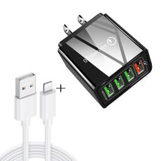 2 in 1 Cavo dati da USB a 8 pin da 1 m + 30 W QC 3.0 4 Interfacce USB Telefono cellulare Tablet PC Caricabatterie rapido universale Set caricabatterie da viaggio, spina USA (nero)