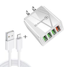 2 in 1 Cavo dati da USB a 8 pin da 1 m + 30 W QC 3.0 4 Interfacce USB Telefono cellulare Tablet PC Caricabatterie rapido universale Set caricabatterie da viaggio, spina americana (bianco)