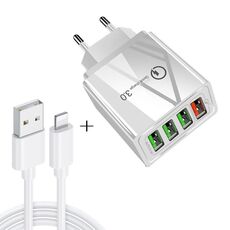 2 in 1 Cavo dati da USB a 8 pin da 1 m + 30 W QC 3.0 4 Interfacce USB Telefono cellulare Tablet PC Caricabatterie rapido universale Set caricabatterie da viaggio, spina europea (bianco)