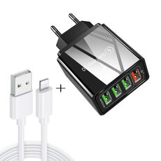 2 in 1 Cavo dati da USB a 8 pin da 1 m + 30 W QC 3.0 4 Interfacce USB Telefono cellulare Tablet PC Caricabatterie rapido universale Set caricabatterie da viaggio, spina europea (nero)