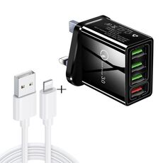 2 in 1 Cavo dati da USB a 8 pin da 1 m + 30 W QC 3.0 4 interfacce USB Telefono cellulare Tablet PC Caricabatterie rapido universale Set caricabatterie da viaggio, spina UK (nero)