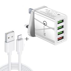 2 in 1 Cavo dati da USB a 8 pin da 1 m + 30 W QC 3.0 4 Interfacce USB Telefono cellulare Tablet PC Caricabatterie rapido universale Set caricabatterie da viaggio, spina UK (bianco)