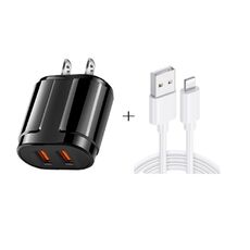 Caricatore da viaggio portatile doppio USB + cavo dati da USB a 8 pin da 1 metro, spina americana (nero)