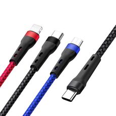 Cavo dati di ricarica da 100 W 6A da tipo C a 8 pin + tipo C + micro USB, 1,3 m (nero rosso blu)