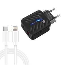 Caricabatterie USB PD03 20W PD3.0 + QC3.0 con cavo dati tipo-c a 8 pin, spina UE (nero)