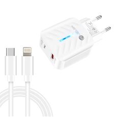 Caricabatterie USB PD03 20W PD3.0 + QC3.0 con cavo dati tipo da c a 8 pin, spina UE (bianco)