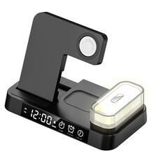A37 30W 3-in-1 Supporto per telefono con ricarica wireless con luce notturna RGB e sveglia e caricabatteria per orologio per funzione Apple (nero)