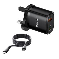 Yesido YC51 Caricatore da viaggio USB-C/Type-C + USB + 8 pin da 30 W con cavo da 1 m da Type-C a 8 pin, spina UK (nero)