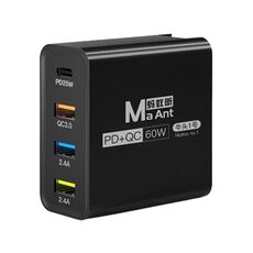 Ma-Ant Caricabatterie a ricarica rapida multiporta USB-C/Tipo-C+3 USB da 60 W, Spina: Spina UE (Nero)