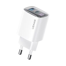 USAMS CC229 Caricabatterie con display digitale GaN a doppia porta USB+USB-C/Type-C da 30 W, Specifiche: Spina UE (Bianco)