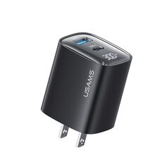 USAMS CC230 Caricabatterie con display digitale GaN a doppia porta USB+USB-C/Type-C da 30 W, Specifiche: presa americana (nero)