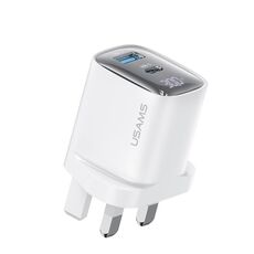 USAMS CC231 Caricabatterie con display digitale GaN a doppia porta USB+USB-C/Type-C da 30 W, Specifiche: presa UK (bianco)