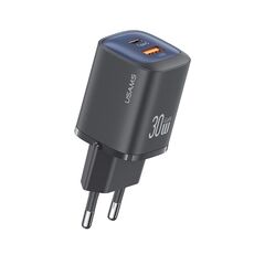 USAMS CC254 Caricabatterie rapido GaN a doppia porta USB+USB-C/Type-C da 30 W, spina europea (nero)