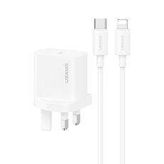 USAMS CC227 Set caricabatterie a ricarica rapida da 20 W, da USB-C/Tipo-C a 8 pin (spina UK)