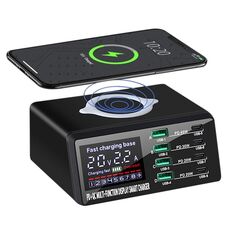 Stazione di ricarica intelligente multiporta X9D da 110 W + caricabatterie wireless AC100-240V, spina europea (nero)