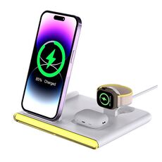 Caricabatterie wireless magnetico pieghevole C27 15W 4 in 1 con luce ambientale (bianco)