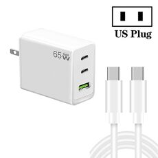 Caricatore GaN PD65W tipo C x 2 + USB 3.0 con cavo dati da tipo C a tipo C, spina americana (bianco)