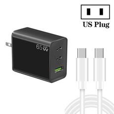 Caricatore GaN PD65W Type-C x 2 + USB 3.0 con cavo dati da Type-C a Type-C, spina USA (nero)
