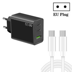 Caricatore GaN PD65W tipo C x 2 + USB 3.0 con cavo dati da tipo C a tipo C, spina europea (nero)
