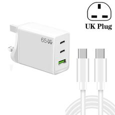 Caricatore GaN PD65W tipo C x 2 + USB 3.0 con cavo dati da tipo C a tipo C, spina UK (bianco)