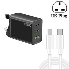 Caricatore GaN PD65W tipo C x 2 + USB 3.0 con cavo dati da tipo C a tipo C, spina UK (nero)