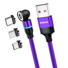 ENKAY 3 in 1 Cavo di ricarica rapido da USB a tipo C 3 in 1 3A / 8 pin / Micro USB magnetico con rotazione di 540 gradi, lunghezza: 2 m (viola)