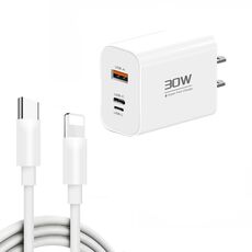 PD30W USB-C / Type-C + 8 pin + caricatore USB con cavo data da Type-C a 8 pin (spina USA)