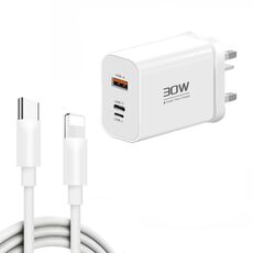 PD30W USB-C/Type-C + 8 pin + caricatore USB con cavo data da Type-C a 8 pin (spina UK)