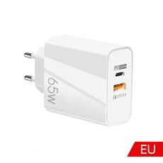 Caricabatterie GaN USB-C/Type-C+USB a doppia porta da 65 W Caricabatterie universale per laptop QC3.0 Spina europea bianca
