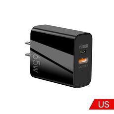 65W USB-C/Type-C+USB Dual Port Caricabatterie GaN QC3.0 Caricabatterie Universale per Laptop Spina USA Nero