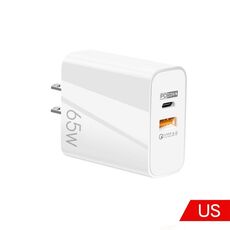 65W USB-C/Type-C+USB Dual Port Caricatore GaN Caricabatterie universale per laptop QC3.0 Spina americana bianca
