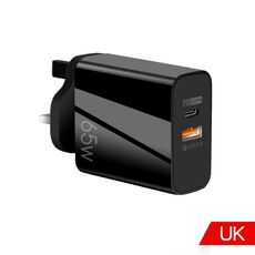 Caricabatterie GaN USB-C/Type-C+USB a doppia porta da 65 W Caricabatterie universale per laptop QC3.0 Spina UK nero