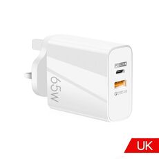 Caricabatterie GaN USB-C/Type-C+USB a doppia porta da 65 W Caricabatterie universale per laptop QC3.0 Spina UK Bianco