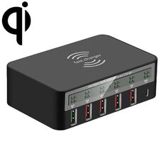 818PF 100 W 5 porte USB + caricabatterie per telefono wireless con display digitale intelligente di tipo C, stile: spina europea (nero)