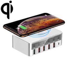818PF 100 W 5 porte USB + caricabatterie per telefono wireless con display digitale intelligente di tipo C, stile: spina europea (bianco)