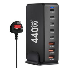 Caricabatterie da viaggio con adattatore di alimentazione USB GaN da 440 W con 3 porte USB, 5 porte PD, spina UK (nero)