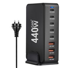 Caricabatterie da viaggio con adattatore di alimentazione USB GaN da 440 W con 3 porte USB, 5 porte PD, spina AU (nero)