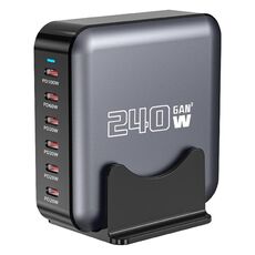 Caricabatterie da tavolo multi-condivisione USB-C/Type-C GaN da 240 W a 6 porte, spina: spina AU (grigio)