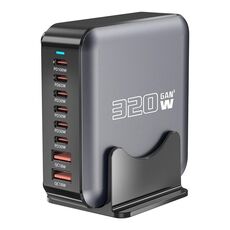 Caricabatterie da tavolo multiporta GaN 6 Type-C 2 USB da 320 W con condivisione, spina: spina UE (grigio)