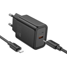 Set caricabatterie hoco N62 PD30W Type-C con cavo da 1 m Type-C a 8 pin, specifiche: spina UE (nero)
